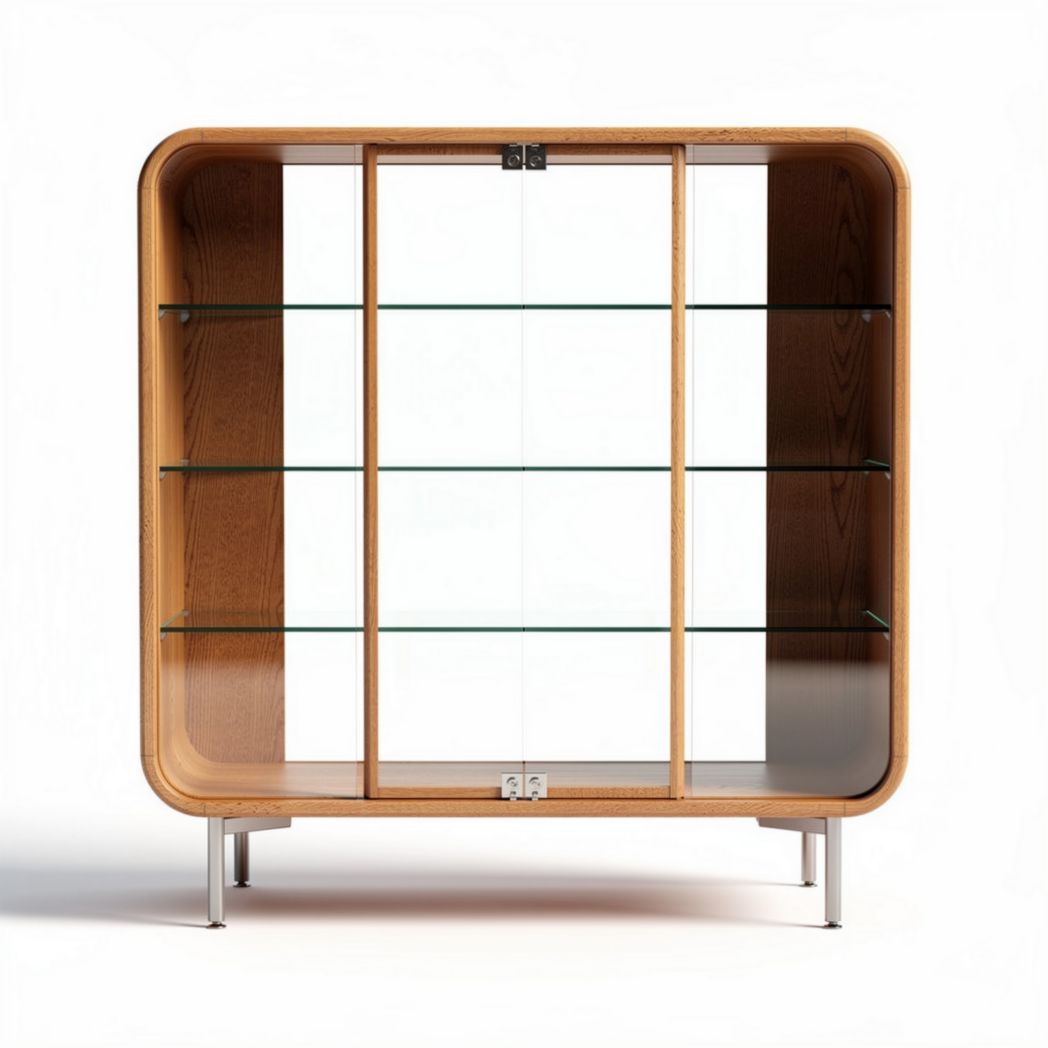 Houten vitrinekast met glazen planken en metalen poten 90 x 40 x 90cm