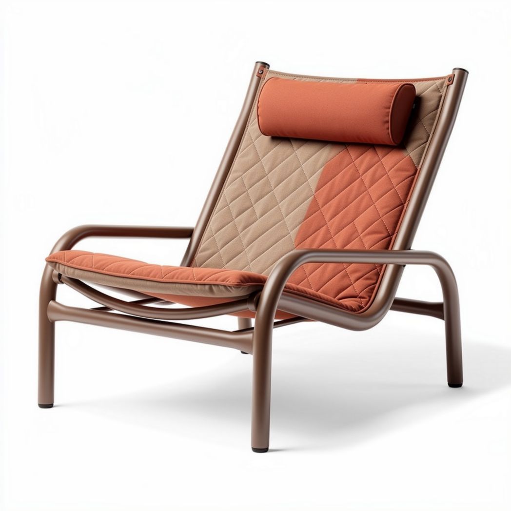 Lounge stoel van aluminium met gestikt kussen en hoofdsteun in bruin en oranje 80 x 75 x 90cm