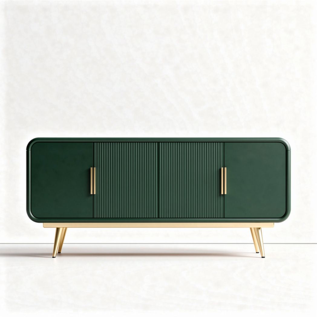 Groen tv-meubel van hout met gouden poten en afmetingen van 160 x 40 x 80cm