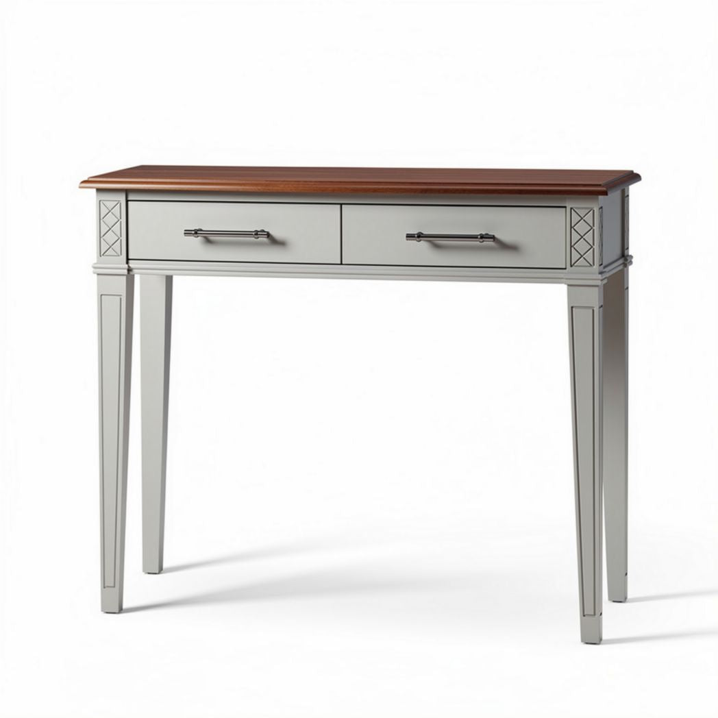 console tafel met twee lades van grijs MDF en houten blad 120 x 40 x 75cm