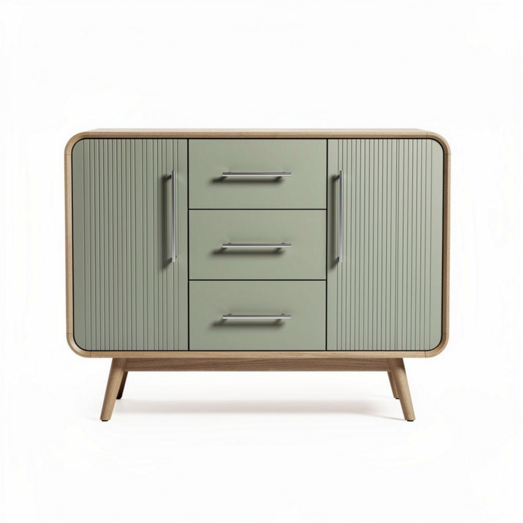 Ladekast van hout met groene deuren en drie lades 80 x 40 x 70cm