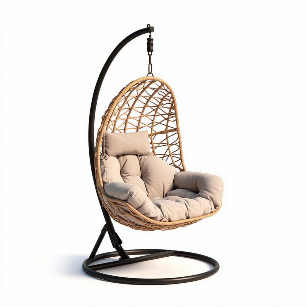 Hangstoel van rotan met kussen in beige 90 x 80 x 120cm