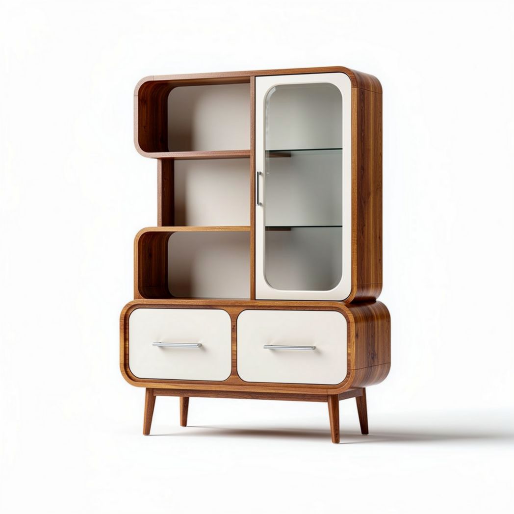 Kast van hout met glazen deur en twee opbergvakken 150 x 80 x 40cm