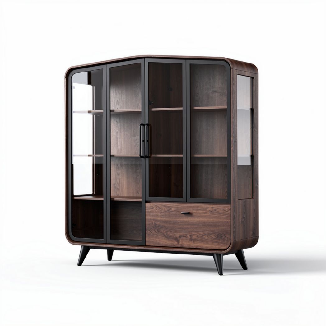 Houten vitrinekast met glazen deuren en schuifla 80 x 40 x 120cm