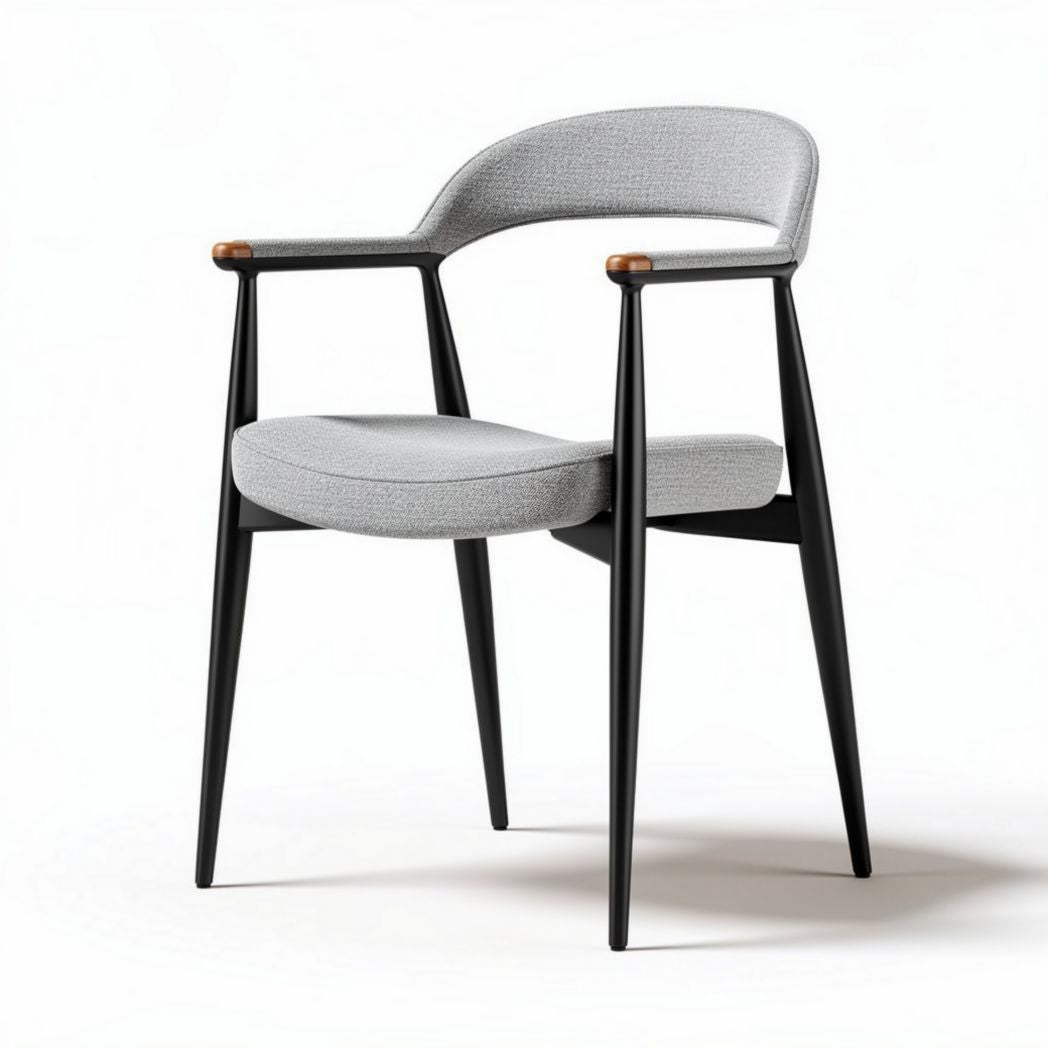 Stoel van grijs textiel met zwart metalen onderstel en houten details 60 x 55 x 80cm